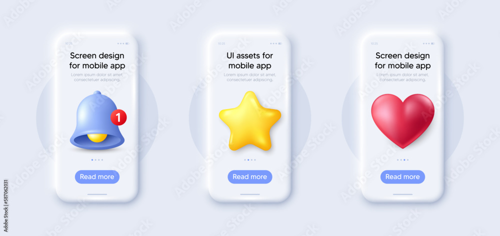 Poster phone screen mockups. cellphone 3d frame with alert, star and heart icons. smart phone application d
