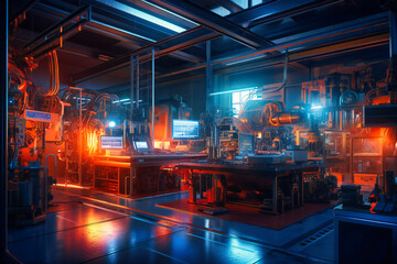 Set against a vibrant blue and orange background, interconnected smart devices and machinery demonstrate the power of Industry