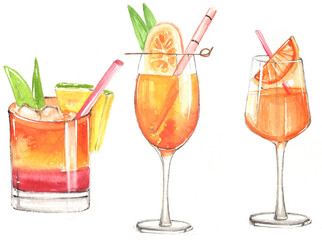 Hand drawn illustration of watercolor cocktails set. vibrant colors. Painted isolated drink and food menu illustrations