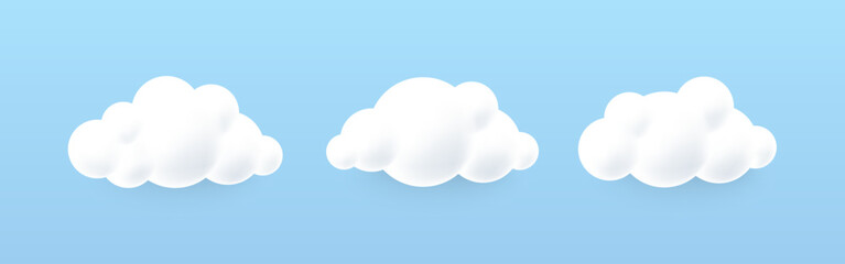 White 3d clouds on a blue background. Soft round cartoon fluffy cloudy sky. Cloud 3d icon in the blue sky. Cumulus cartoon sky, fluffy render meteorology shape. Cute weather cotton clouds. Vector