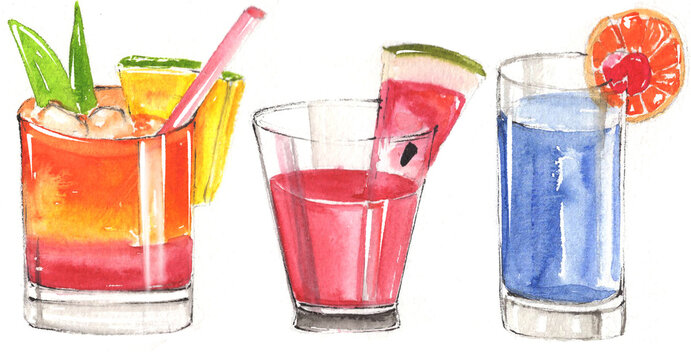 Hand drawn illustration of watercolor cocktails set. vibrant colors. Painted isolated drink and food menu illustrations