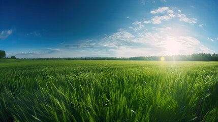 Fototapeta na wymiar Natural landscape with abundant green grass and a bluish sky on a sunny day Generative AI