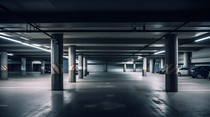 Empty shopping mall underground parking lot or garage interior with concrete stripe painted columns. Generative Ai