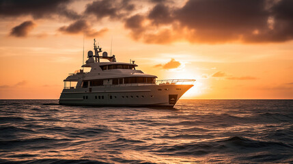 Fototapeta na wymiar Luxury motor yacht on the ocean at sunset. Generative Ai