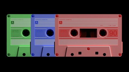 Three audio cassettes. Cassettes on a dark background. Retro style. 3D render.