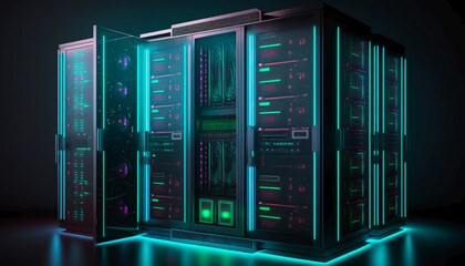 Data center With multiple rows operational server with Super computer room, neon glowing color. Generative AI