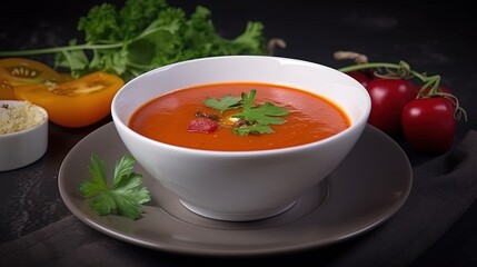 Tomato soup in a white plate on a white table Generative AI