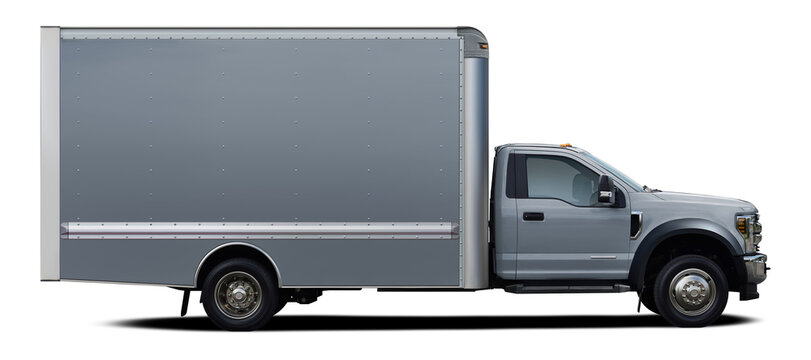 Modern american full gray color delivery truck side view isolated on white background.