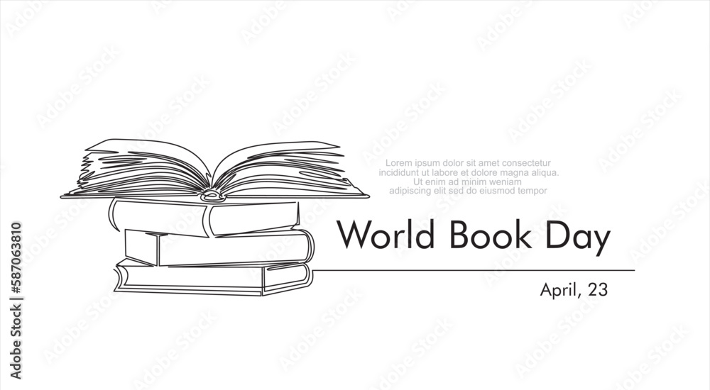 Poster world book day. april, 23. continuous one line drawing of books stack minimalist vector design on wh