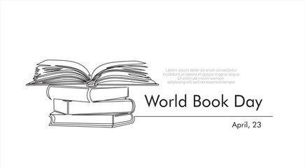 World book day. April, 23. Continuous one line drawing of  books stack minimalist vector design on white background. Isolated simple line modern graphic style. 