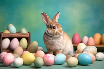 Adorable Easter Bunny with Pastel Eggs on Unicolored Background