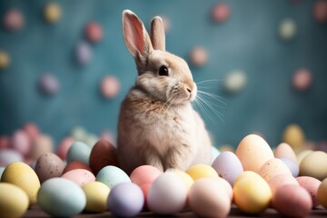 Adorable Easter Bunny with Pastel Eggs on Unicolored Background