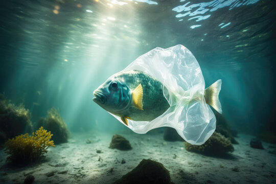 Fish in plastic bag. Massive plastic pollution underwater concept. Ecological problem. Generative AI
