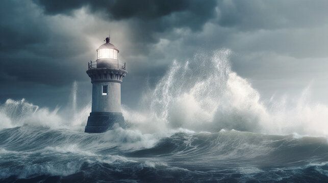 Leuchtturm mitten im Sturm umgeben von Wellen, generative KI