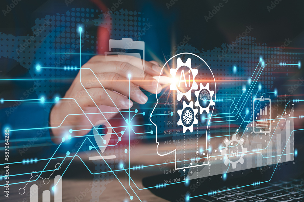 Poster ai, machine learning, brain data creative in light bulb, science and artificial intelligence technol