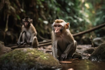 Naklejka premium Mother monkey guarding and adoring her little offspring in the jungle. Generative AI