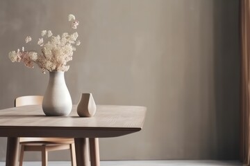 Fototapeta na wymiar Stylish beige interior of dining room with design wooden table and vase with flowers