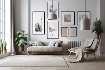 A simple interior space in ash gray with four picture frames on the wall but no furniture is available for a poster presentation. Generative AI