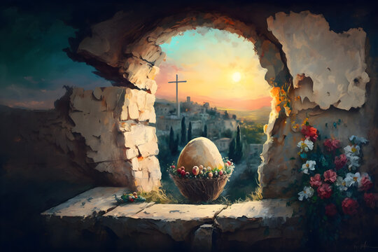 Celebrate Easter with our Christian symbol of faith. Jesus Christ rising from the dead on Sunday morning at dawn. Happy Easter!