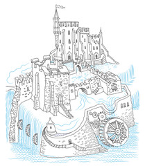 Fairy tale old medieval castle on the lake with a fantasy system of water mill wheels and hydroelectric power plants. Vector contour thin line illustration, Coloring book page