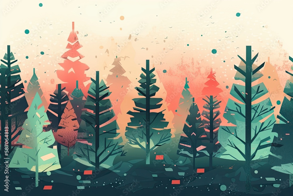 Poster dense, lush forest with towering trees and vibrant foliage. generative ai