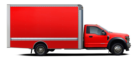 Modern american full red color delivery truck side view isolated on white background.