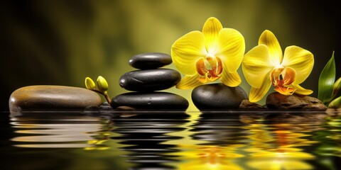 yellow orchids with stones and water, spa and massage background, generative ai
