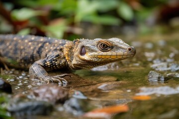 Naklejka premium In Thailand, a Varanus (lizard) walks along a tiny river. Generative AI