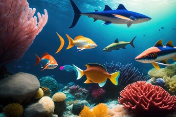 Fototapeta na wymiar A flock of tropical fish and Sharks in a coral reef. Life in the coral reef underwater. Wildlife concept of ecological environment. Generative AI