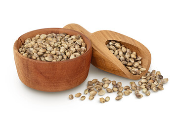 Hemp seeds in wooden bowl isolated on white background with full depth of field