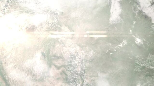 Earth zoom in from outer space to city. Zooming on Casper, Wyoming, USA. The animation continues by zoom out through clouds and atmosphere into space. Images from NASA