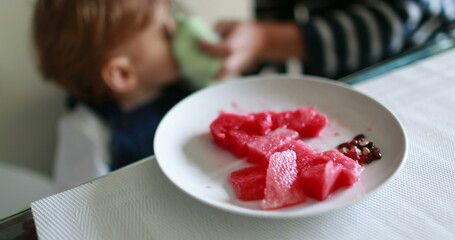 One year old baby eating watermelon fruit in pieces