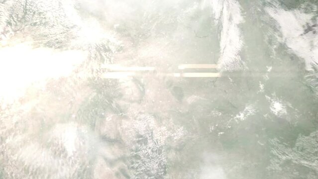 Earth zoom in from outer space to city. Zooming on Gillette, Wyoming, USA. The animation continues by zoom out through clouds and atmosphere into space. Images from NASA