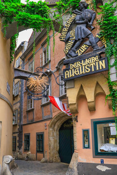 A emblem from the famous song "Der Liebe Augustin" ("Dear Augustine"). The song was sung for the first time in this street (Griechengasse). Vienna 