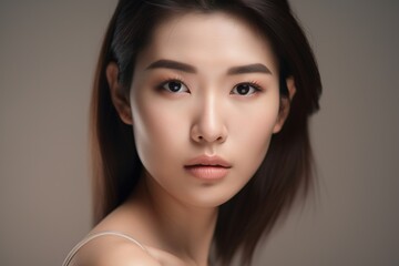 Fototapeta premium Beautiful young Asian woman with clean fresh skin isolated on white background, Face care, Facial treatment, Cosmetology, beauty and spa, Asian women portrait generative ai