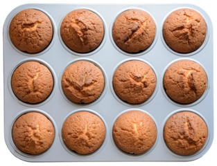 Top view flat lay of freshly baked muffins in a metal tray, isolated on white or transparent background