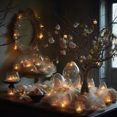 An ethereal Easter display, perfectly illuminated by accent lighting and captured in stunning detail