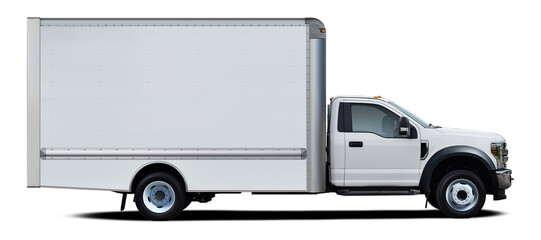 Modern american full white color delivery truck side view isolated on white background.