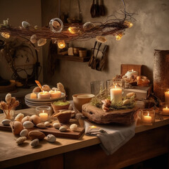Obraz na płótnie Canvas A rustic Easter decor setup, with accent lighting casting a warm glow on natural materials and textures