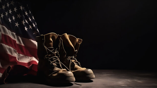 Flagge der Vereinigten Staaten von Amerika mit gebrauchten Milit&auml;rstiefeln. Hintergrund schwarz (Generative AI)