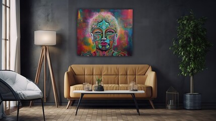 sofa with vibrant and eye-catching art on simple plain wall background - ideal for real estate photography and interior design. generative ai