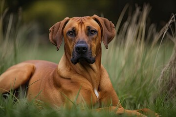 A photograph of a Rhodesian Ridgeback standing on grass. Generative AI