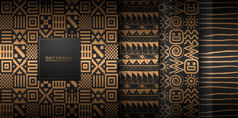 Fototapeta na wymiar Seamless vector hand drawn golden ethnic pattern set. Abstract gold background on black. Dark tribal indian Navajo print collection. Web page fill Aztec seamless native folk wrapping paper texture