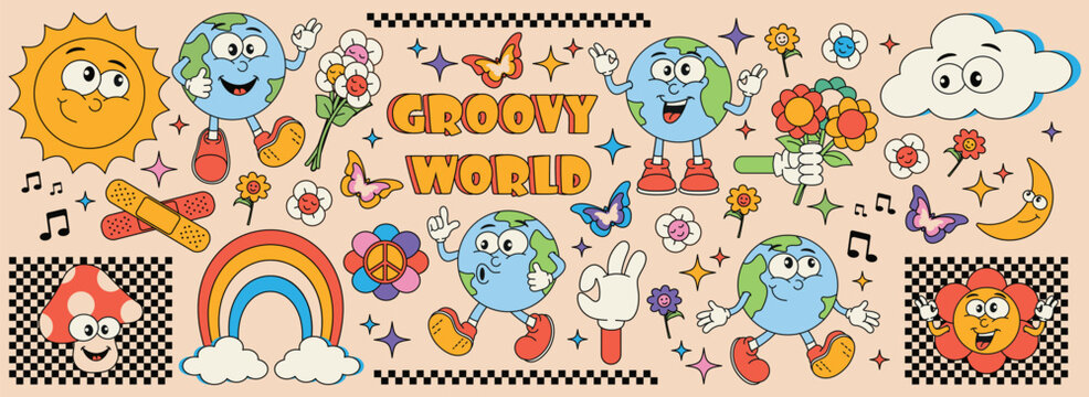  Set of vintage groovy earth planet characters and elements for posters, designs, stickers. Earth retro character in 70s stidle with psychedelic mushroom, flowers, vintage elements. Vector.