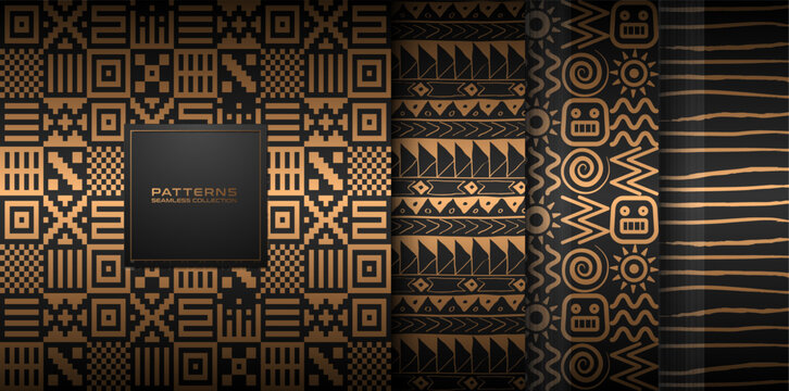 Seamless vector hand drawn golden ethnic pattern set. Abstract gold background on black. Dark tribal indian Navajo print collection. Web page fill Aztec seamless native folk wrapping paper texture