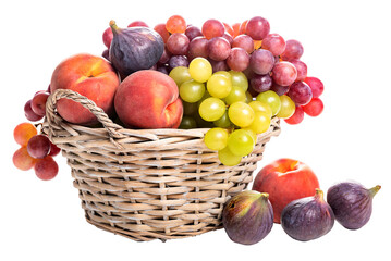 PNG. Basket with ripe grapes, peaches and figs.