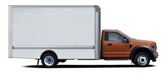 Modern american delivery truck with brown cab side view isolated on white background.