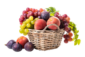PNG. Basket with ripe grapes, peaches and figs.