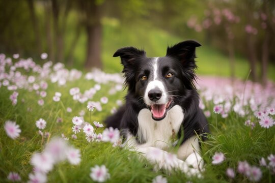 lovely spring image of a cute black and white border collie in a blossoming park. Generative AI
