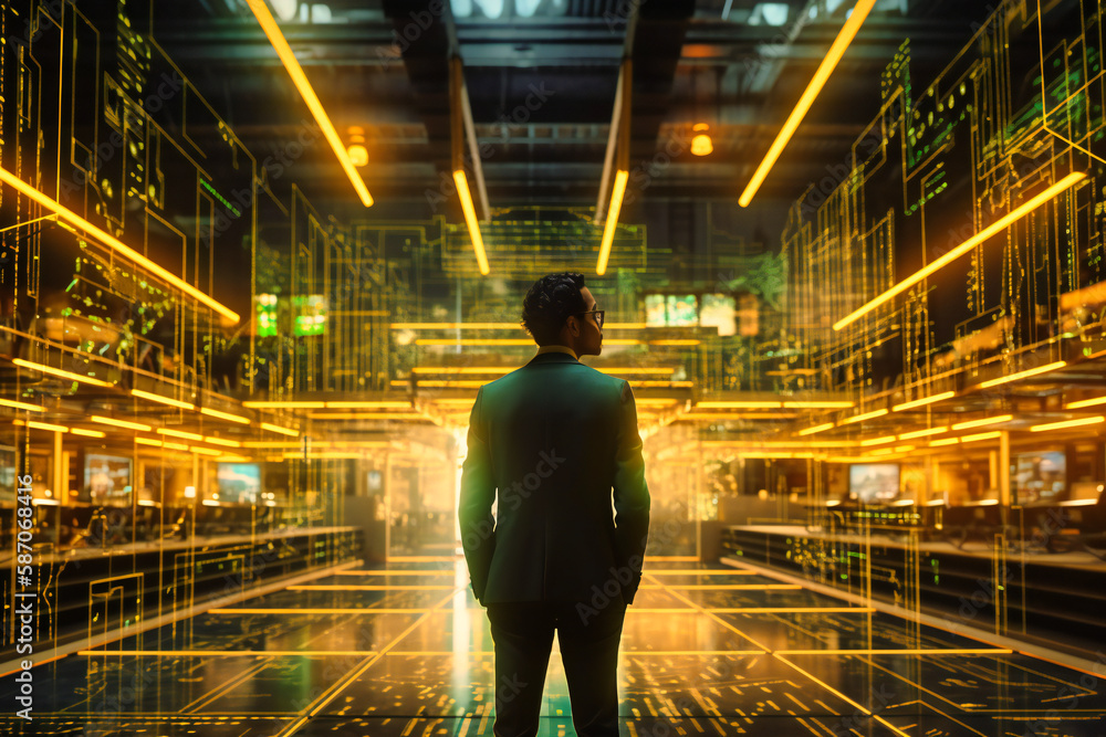 Aufkleber engulfed in green and yellow hues, a businessman effortlessly interacts with global structures, symb